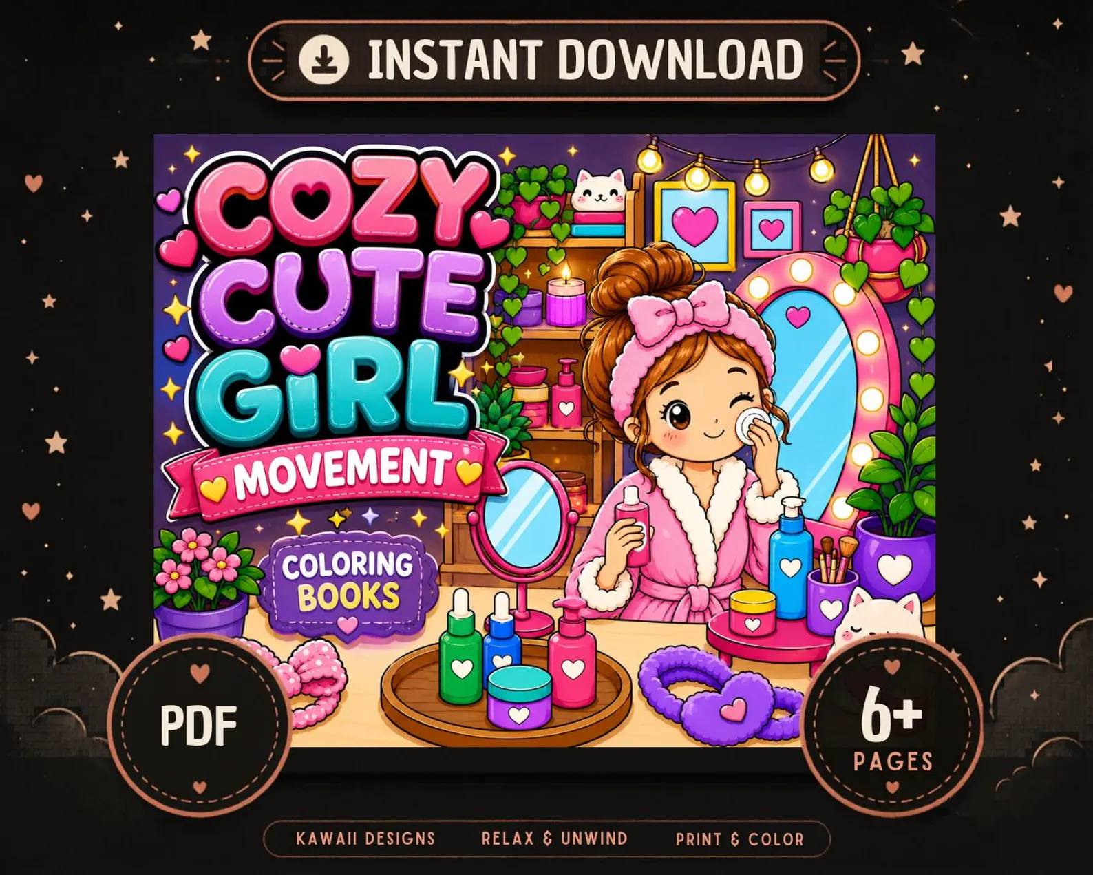 CuteLearner printable Cozy Girl Moments Coloring Book, Kawaii Self-Care Relaxation Art (PDF Download) — Coloring Books